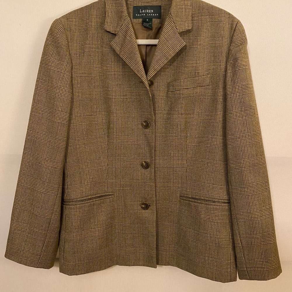 Lauren Ralph Lauren Wool Blazer Women's sz 8 Brown Herringbone Pockets Lined